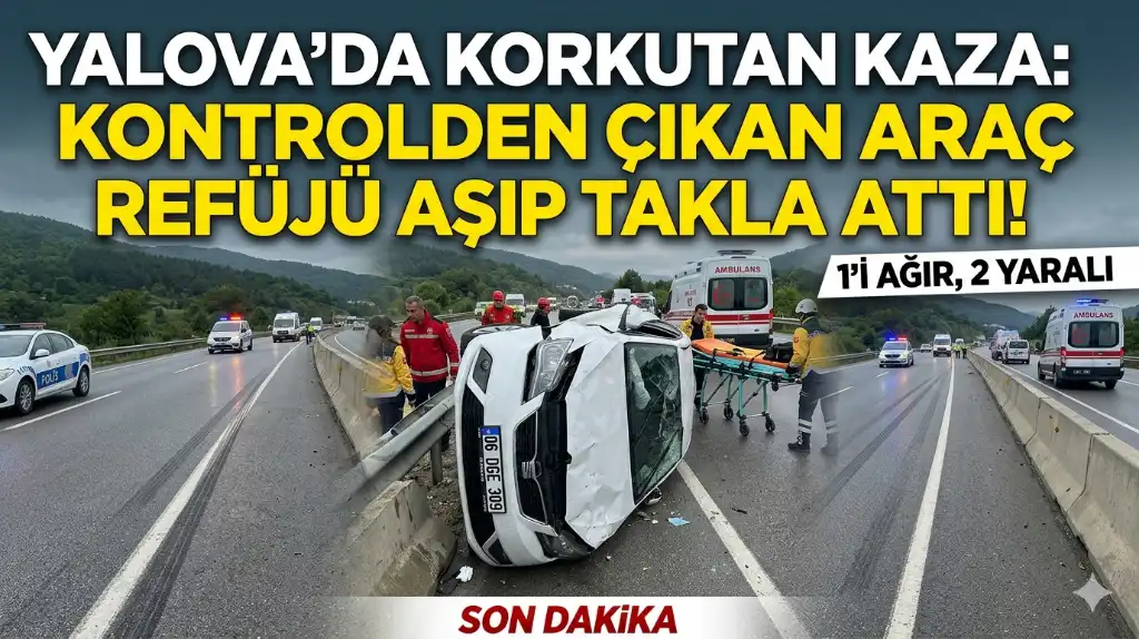 Yalova’da Korkutan Kaza Kontrolden Çıkan Araç Refüjü Aşıp Takla Attı!